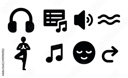 Relaxation and music solid icons set – filled, meditation, audio symbols