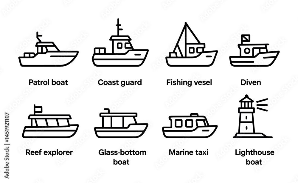 Maritime and boat outline icons set – linear, line, nautical vessel graphics
