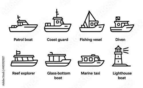 Maritime and boat outline icons set – linear, line, nautical vessel graphics
