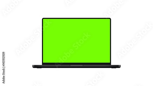 Modern Black Laptop Animated Mockup, Front And Side Perspective View, Green Screens, Isolated on White Background