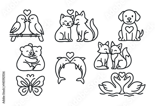 Animal love outline icons set – cute, romantic, wildlife symbols and designs