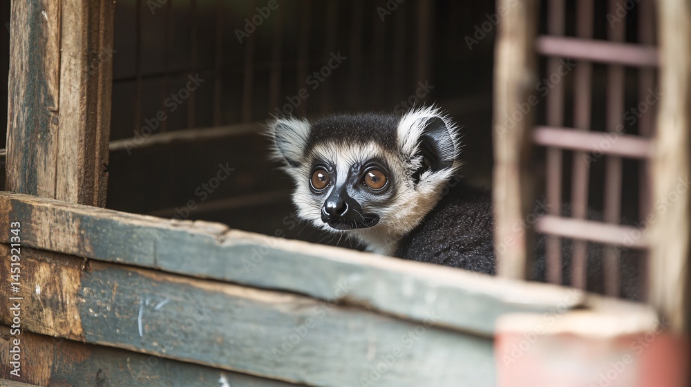 Fototapeta premium Curious Lemur Popping Up from Wooden Crate in Surprise Moment of Discovery
