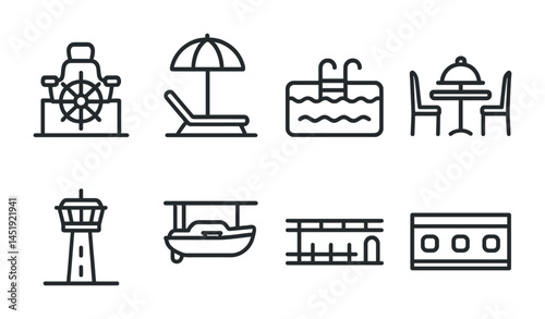 Travel and tourism outline icons set – line, vacation, trip planning symbols