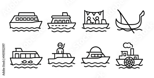 Boat and marine outline icons set – linear, silhouette, nautical and sea navigation graphics