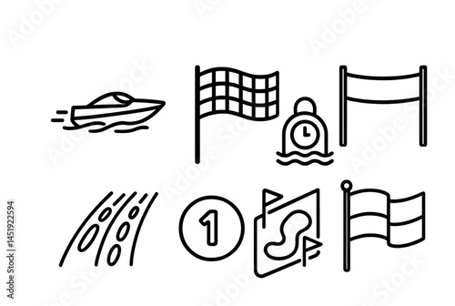 Maritime racing outline icons set – sailing, nautical, speedboat symbols