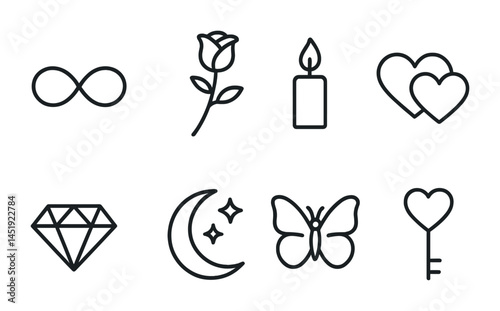 Love and romance outline icons set – linear, flat, valentine symbols and motifs