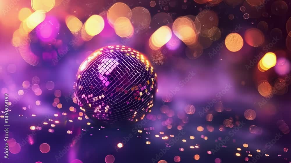 Shiny disco ball with bokeh lights in a purple and gold atmosphere