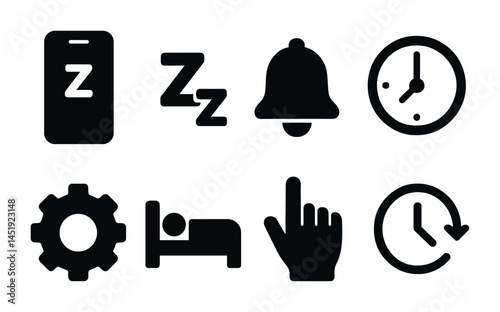 Sleep and bedtime solid icons set - silhouette, alarm, night symbols