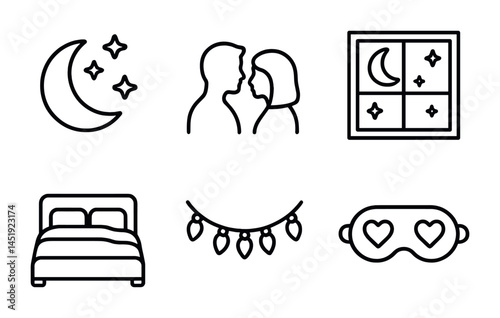 Sleep and romance line icons set – restful, love, and night symbols