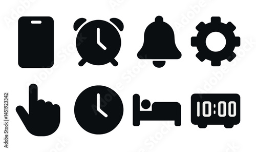 Time management solid icons set – filled, flat, schedule and alarm symbols
