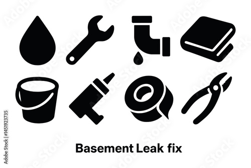 Basement leak fix solid icons set – filled, repair, maintenance tools