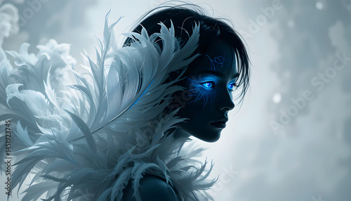 Fantasy portrait of a beautiful mystical woman with feathers and esoteric elements