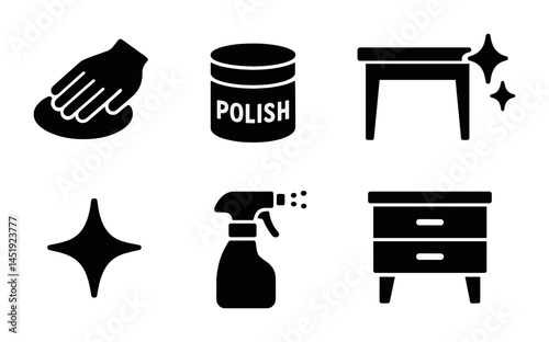 Cleaning and maintenance solid icons set – filled, housekeeping, janitorial tools