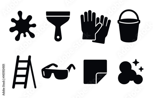 House cleaning solid icons set – flat, silhouette, cleaning essentials symbols