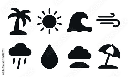Weather and nature silhouette icons set – solid, filled, climate and environment symbols