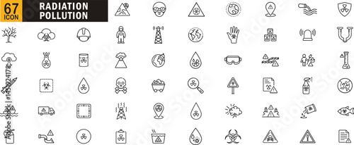 Radiation pollution editable outline icon set. Hazard, contamination, environment, safety, toxic waste, alerts and more.