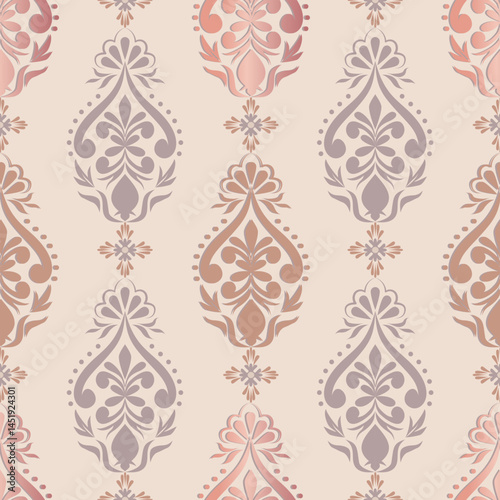 Elegant Damask-inspired floral pattern in pastel brown and lavender shades on a soft cream background. Ideal for luxury packaging, wallpaper, fabric, or cultural projects.