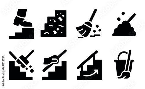Cleaning and maintenance solid icons set – household, janitorial, hygiene symbols