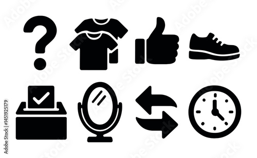 Everyday activities and objects solid icons set – silhouette, essential daily life symbols