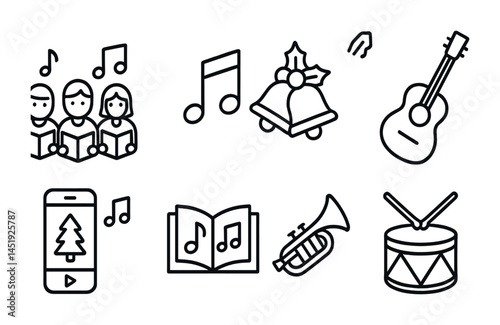 Christmas music outline icons set – festive, holiday, musical symbols