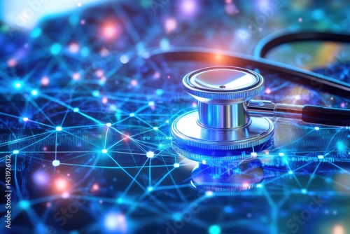 Global healthcare network. Stethoscope over a digital map network