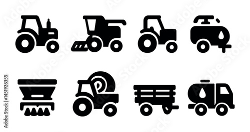 Farming and agriculture solid icons set – silhouette, filled, farm equipment and tools