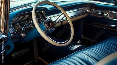 Interior view of a classic car showing steering wheel dashboard and seats.