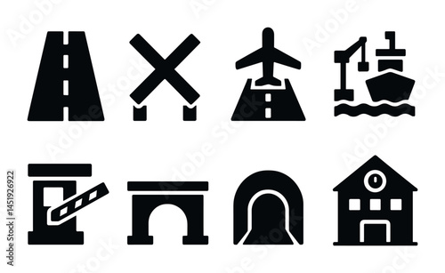 Transportation icon set featuring roads, railways, and infrastructure elements