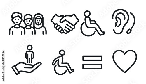 Diversity and inclusion line icons set – outline, equality and accessibility symbols