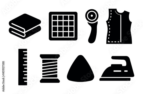 Sewing tools solid icons set – flat, filled, stitching, tailoring symbols