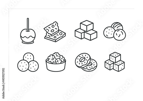 Sweet treats outline icons set – silhouette, dessert, candy symbols