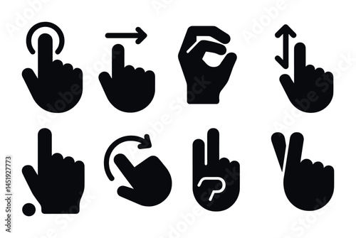 Gestural hand silhouette icons set – solid, filled, touch and interaction graphics