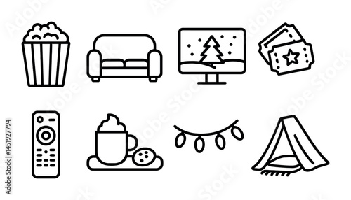 Entertainment and leisure icons set – outline, linear, recreation and fun symbols