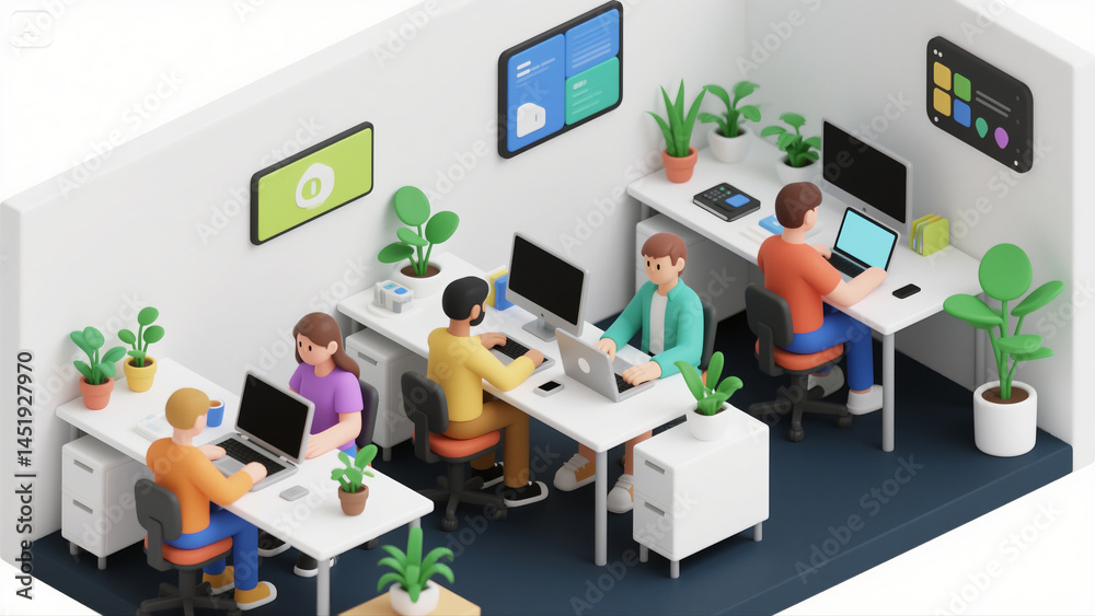 Naklejka premium Modern Startup Office Isometric Illustration – People Working on Laptops, Clean 3D Design