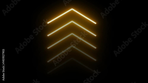 Neon upward arrow icon animation. Retro signboard with up arrow. Glowing yellow single-line upload arrow icon on black background.
