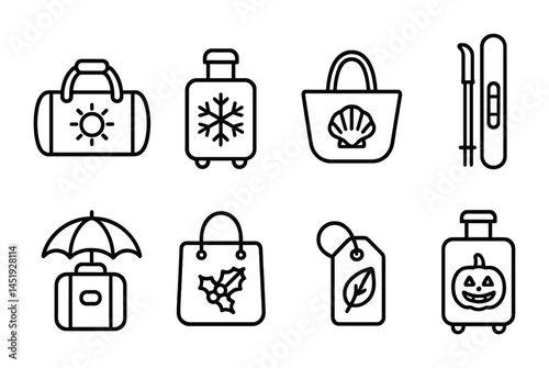 Travel and holiday linear icons set – outline, luggage, vacation planning symbols