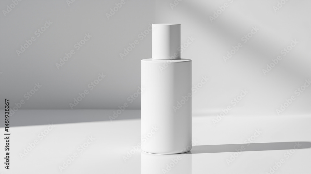 The image shows a white bottle of perfume sitting on top of a white table. The bottle is cylindrical in shape and has a glossy finish. It is sitting on a flat surface The image shows a white bottle of perfume sitting on top of a white table. The bottle is cylindrical in shape and has a glossy finish. It is sitting on a flat surface