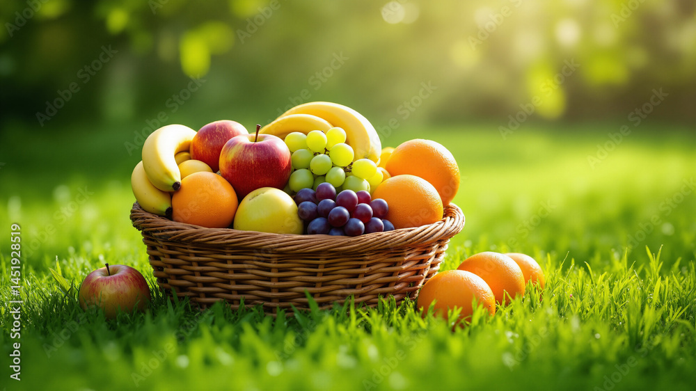 The image shows a basket full of fresh fruits sitting on top of a lush green field. The basket is overflowing with a variety of fruits The image shows a basket full of fresh fruits sitting on top of a lush green field. The basket is overflowing with a variety of fruits