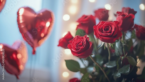 Romantic Red Roses and Heart Balloons