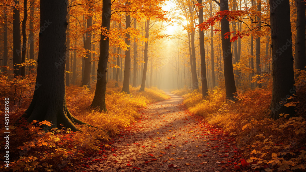 Fototapeta premium The image shows a path winding through an autumn forest with yellow leaves on the ground. The trees are adorned with vibrant shades of red