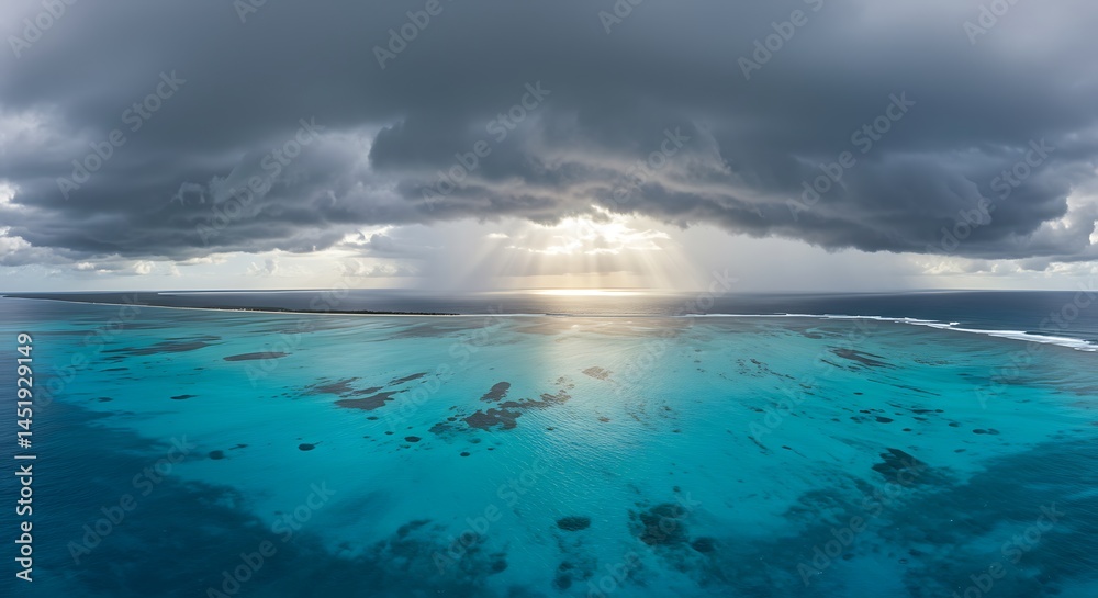 Obraz premium Sunburst Over Azure Reef: Dramatic Aerial View AI Generated