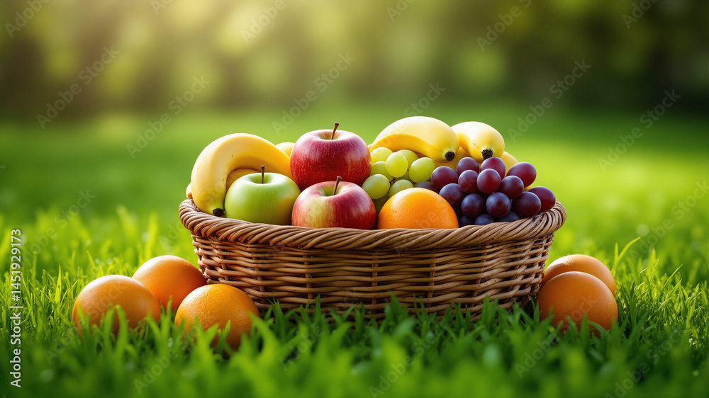 The image shows a basket full of fresh fruits sitting on top of a lush green field The image shows a basket full of fresh fruits sitting on top of a lush green field