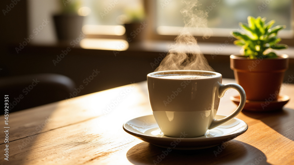 The image shows a cup of coffee sitting on top of a wooden table The image shows a cup of coffee sitting on top of a wooden table
