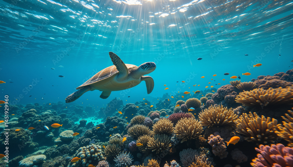 Fototapeta premium The image shows a green sea turtle swimming over a vibrant coral reef in the Red Sea. The turtle is surrounded by a variety of colorful fish and corals