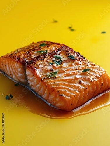 Freshly grilled salmon fillet served on vibrant yellow surface with aromatic herbs highlighting its savory appeal