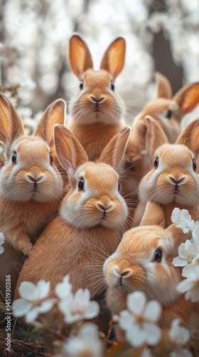 Group of adorable bunnies surrounded by white blossoms in a serene spring setting
