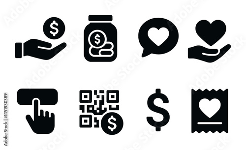 Finance and charity solid icons set – sleek, filled, budgeting and donation symbols