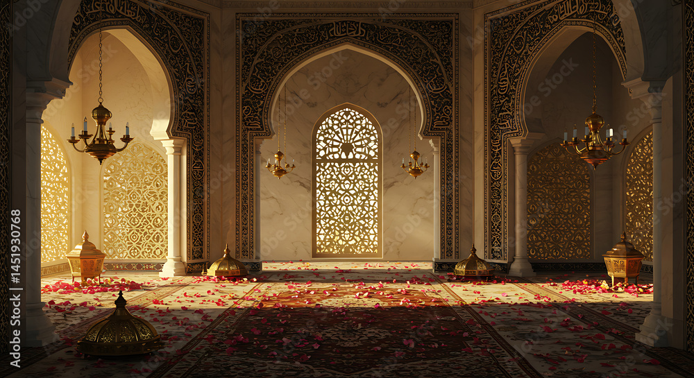 Fototapeta premium Majestic architecture adorned with rose petals: A serene space for Eid festivities