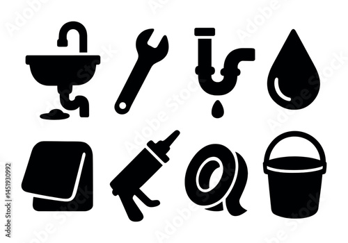 Plumbing and repair solid icons set – filled, tools, home maintenance symbols
