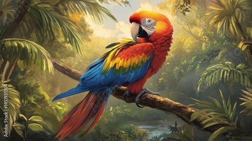 An illustration of a vibrant Scarlet Macaw perched on a branch, showcasing its striking red, blue, and yellow plumage. photo